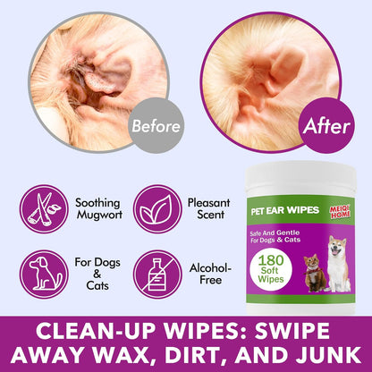Dog Ear Cleaner Wipes for Dogs & Cats – 180 Count | Gentle Ear Wax & Debris Removal | Soothes Itching | All-Natural Ingredients