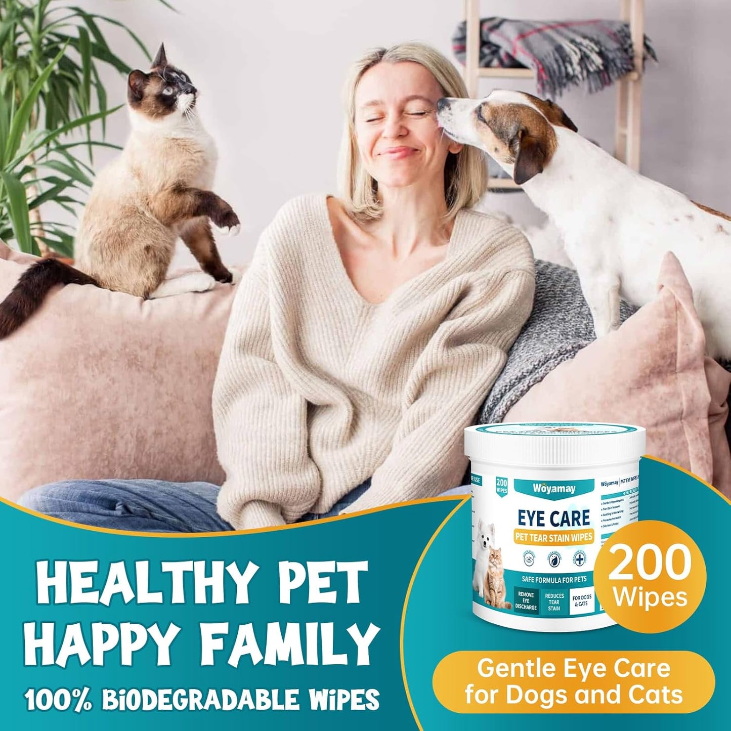 Eye Wipes for Dogs & Cats – 200 Count | Tear Stain Remover | Extra-Large Pre-Soaked Eye & Face Wipes