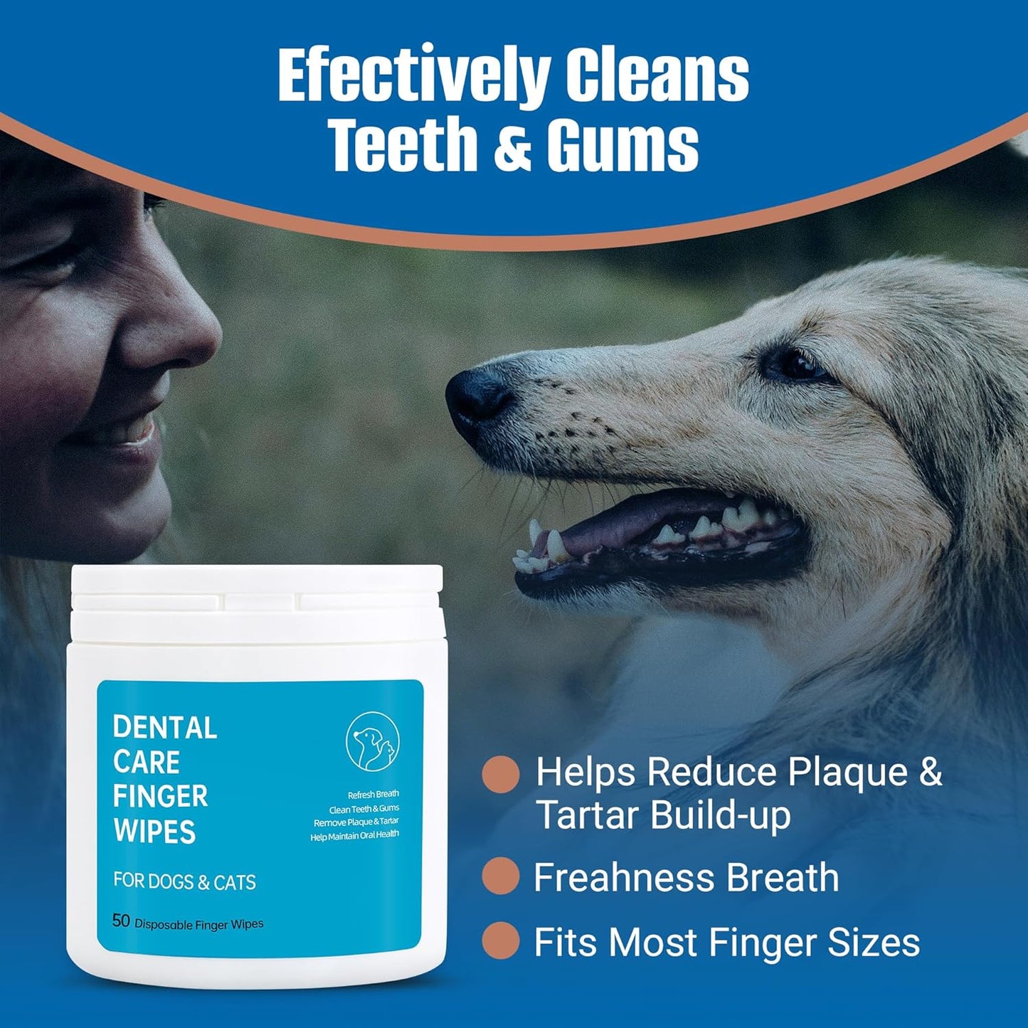 Spanielbuns™ Dental Wipes for Dogs & Cats – Teeth Cleaning Finger Wipes | Fresh Breath & Tartar Control | 50 Count